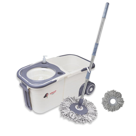 V59 Twin Spin Mop Bucket Set (Plastic Wringer, 2 Grey Refills)